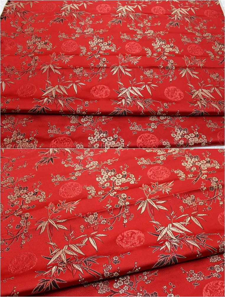 Red Cherry Blossom Brocade Fabric: Gold Bamboo Jacquard (By The Meter)