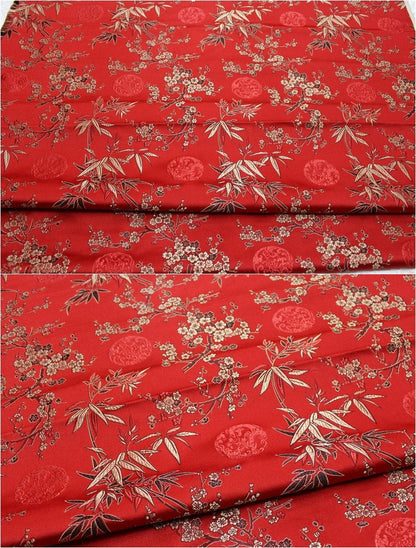 Red Cherry Blossom Brocade Fabric: Gold Bamboo Jacquard (By The Meter)