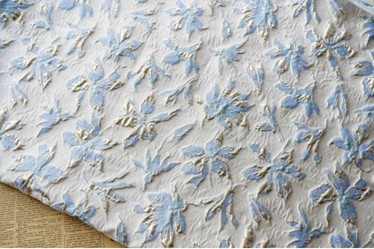Light Blue & Gold Floral Jacquard Fabric: 3D Texture, 56" Wide