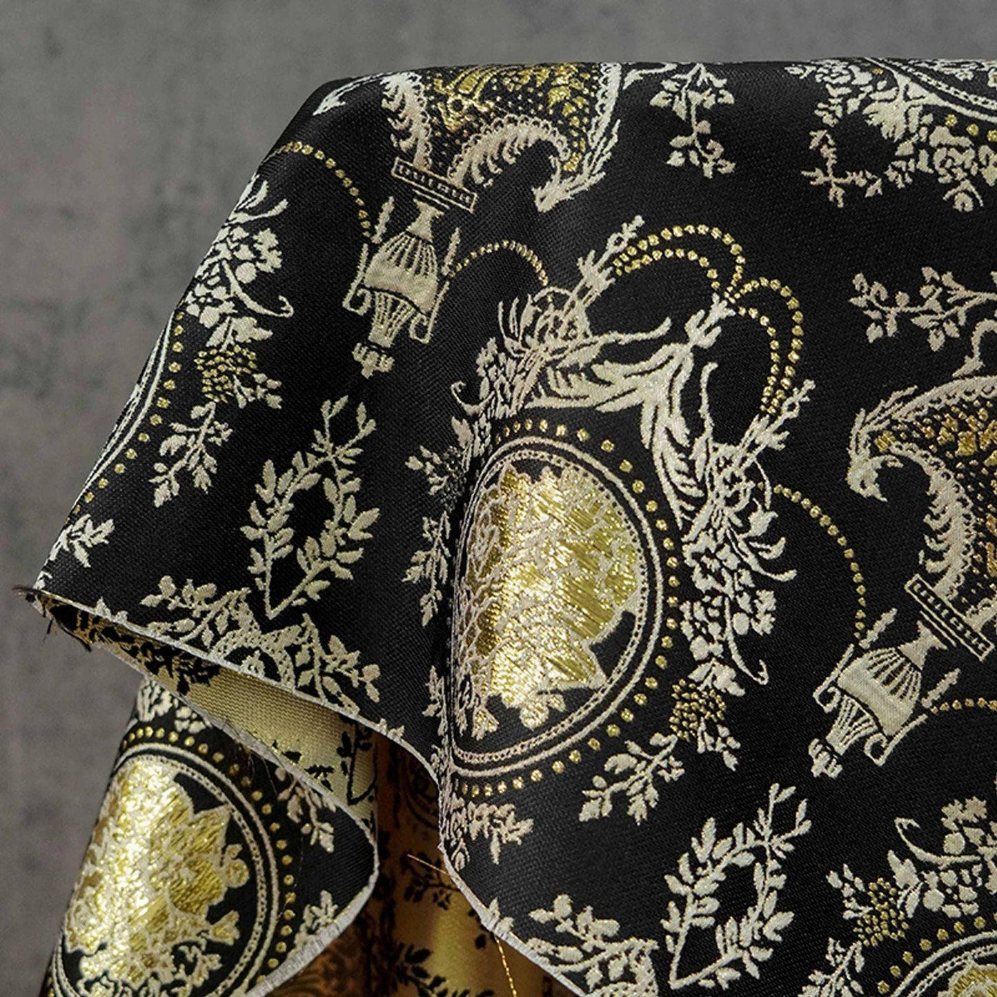 Baroque Floral Jacquard Fabric: Black Gold Upholstery Material - 55"W