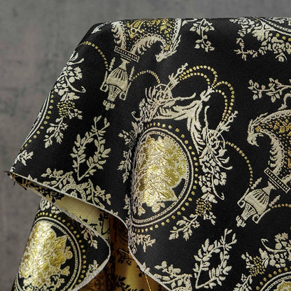 Baroque Floral Jacquard Fabric: Black Gold Upholstery Material - 55"W