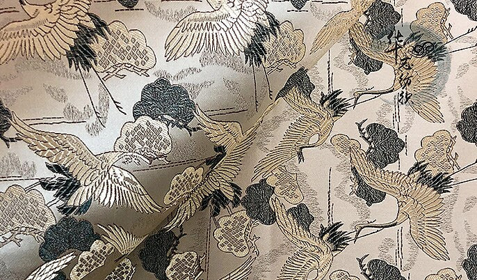 Crane Brocade Fabric: Colorful Asian Decor Fabric by the Meter
