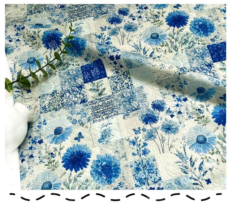 Blue Floral Cotton Fabric: 20s Print, Quilting, Dressmaking - 55" Wide