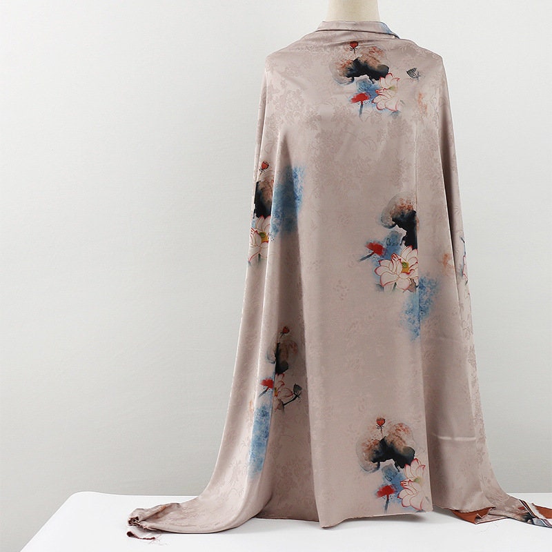 Lotus Tea Satin Fabric: Digital Print Sewing Material, 59"W