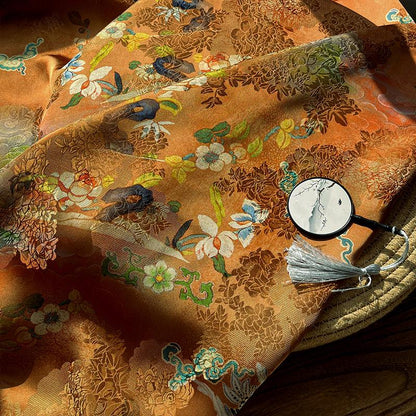 Gold Brown Crane Pattern Xiangyunsha Fabric, Luxury Rayon Silk Damask, Traditional Jacquard Fabric for Sewing, Cheongsam, DIY Fashion, 59"W