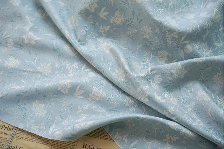 Azure Floral Jacquard Fabric: Reversible Light Blue Woven Upholstery, 64" Wide