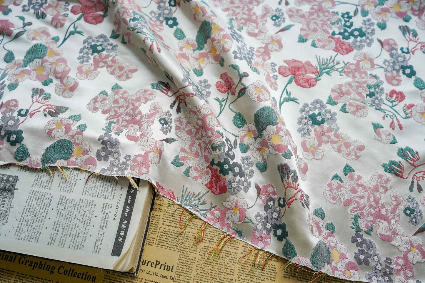 Beige Floral Jacquard Fabric: Reversible Embossed Woven Material, 62"W