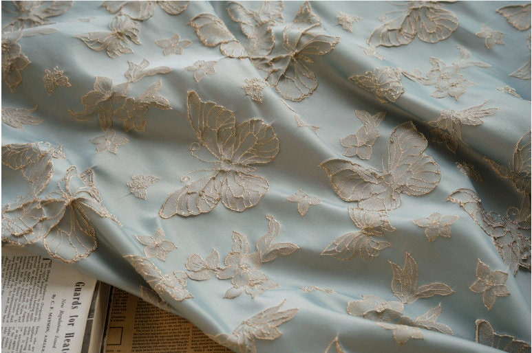 Gold Thread Butterfly Jacquard Fabric: 3D Foil Texture, 56"W, By The Meter