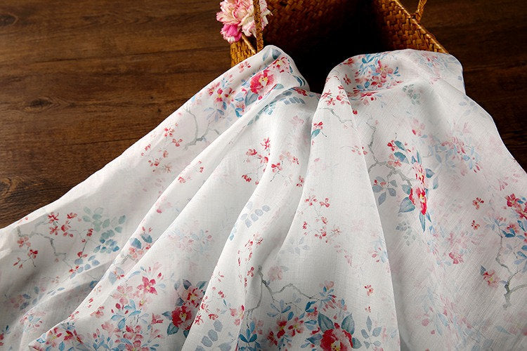 Floral Ramie Fabric: White Cotton Flower Print, 57" Wide