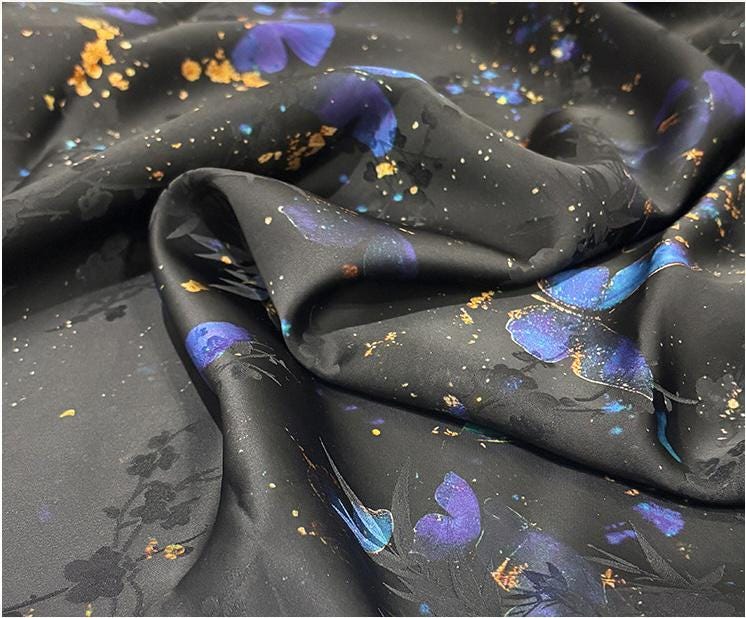 Teal & Black Floral Mulberry Silk Fabric: 55"W Digital Print