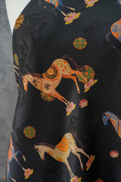 Horse Jacquard Tea Silk Fabric, Chinese Symbolic Textile, 59"W