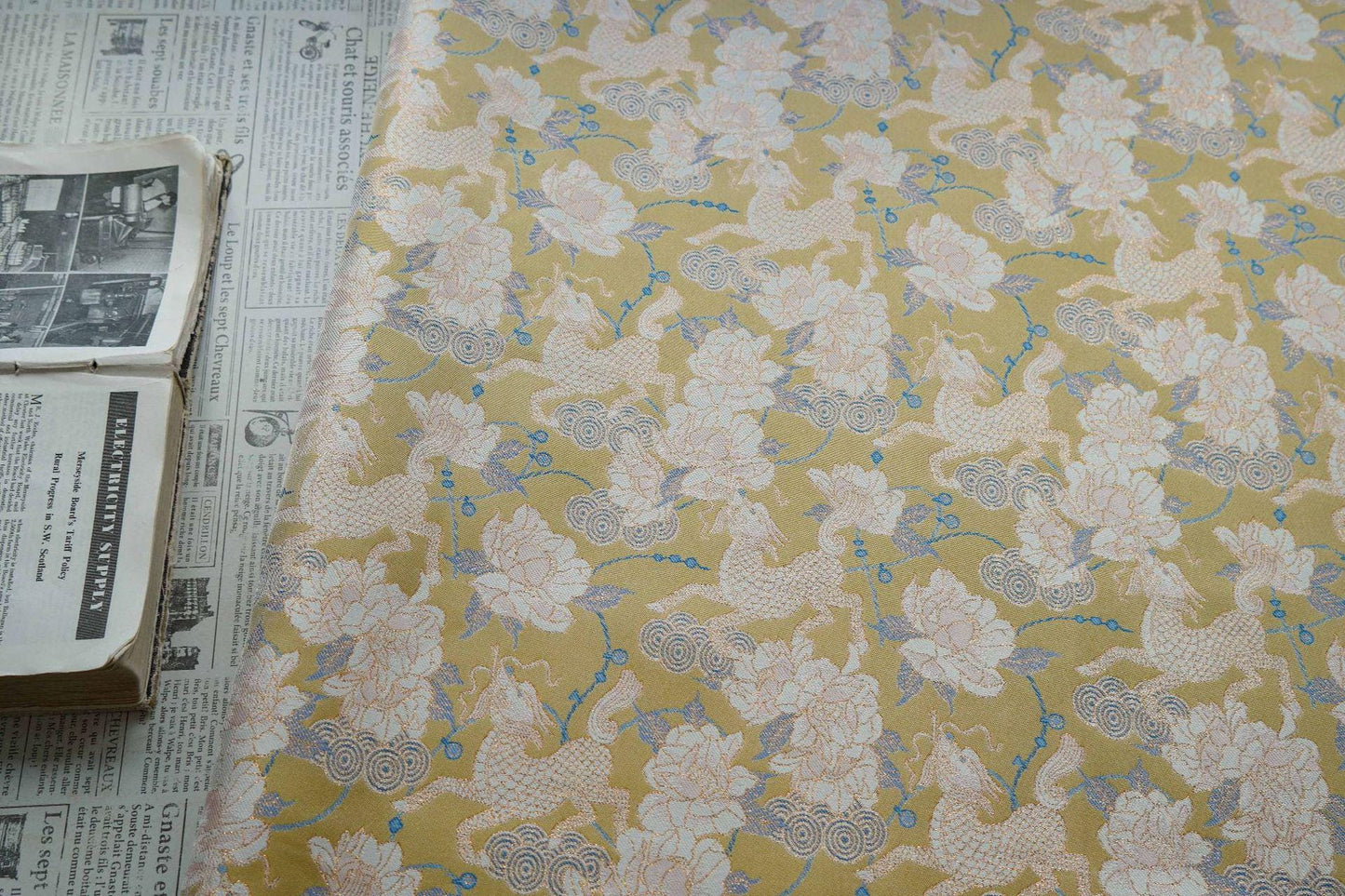 Luxury Song Brocade Jacquard Fabric with Kirin and Peony Gold Pattern, 58" Wide