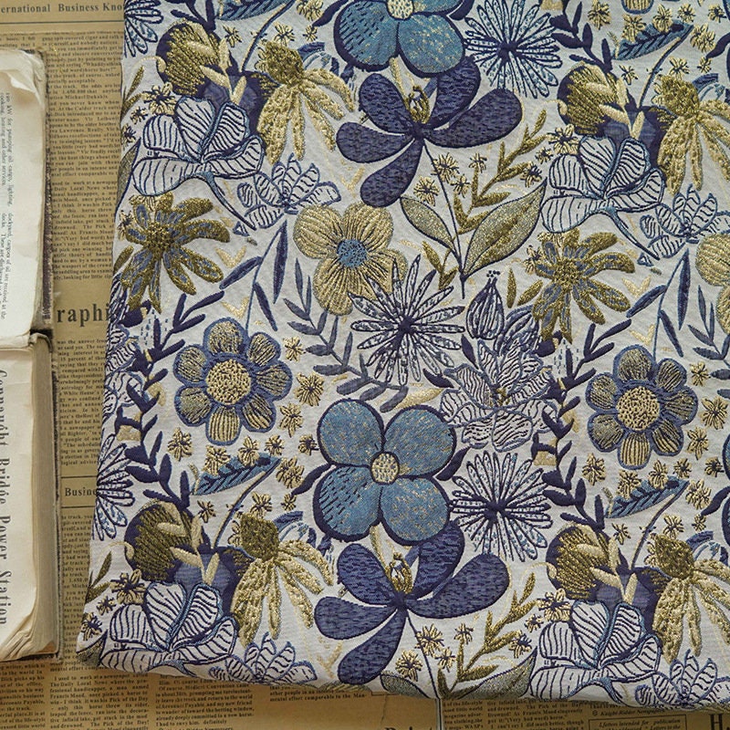Gold Thread Floral Jacquard Fabric: 3D Oil Painting Texture, 63" Wide