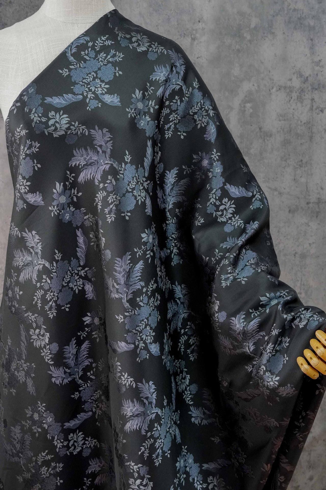 Luxury European-Style Black Jacquard Fabric with Floral Pattern, 62"Wide