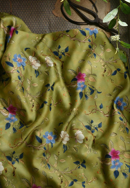 Floral Cotton Fabric: Green Ancient Ink Painting, 55"W