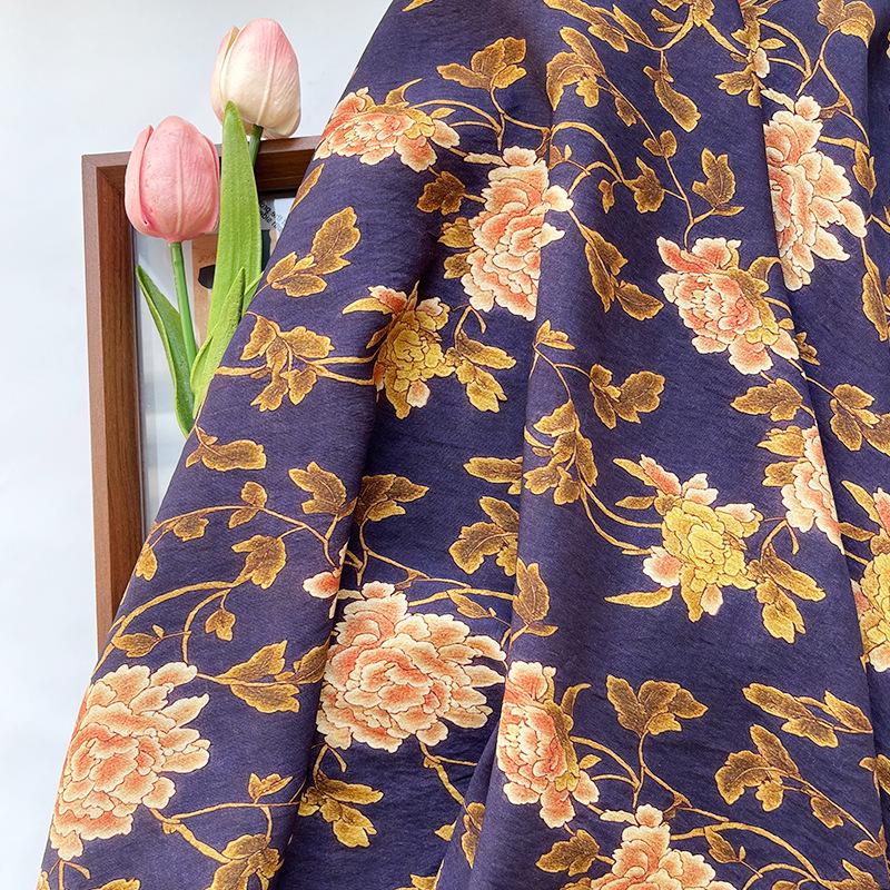 Tissu Tencel Ramie : imprimé pivoine métallisée, 150 cm de large, vendu au mètre