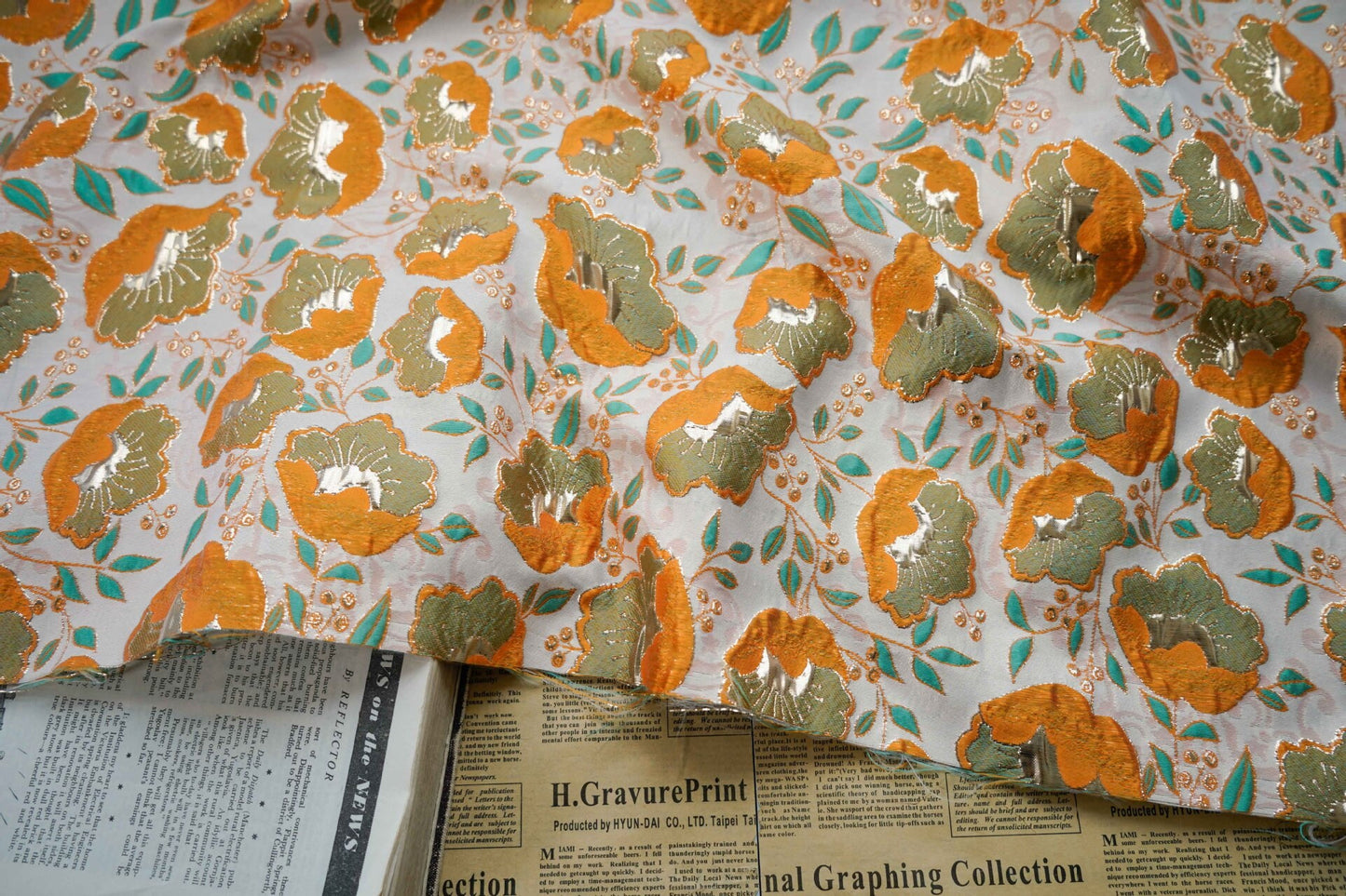 Orange 3D Flower Jacquard Fabric: Upholstery, Costume, Decor - 59"W