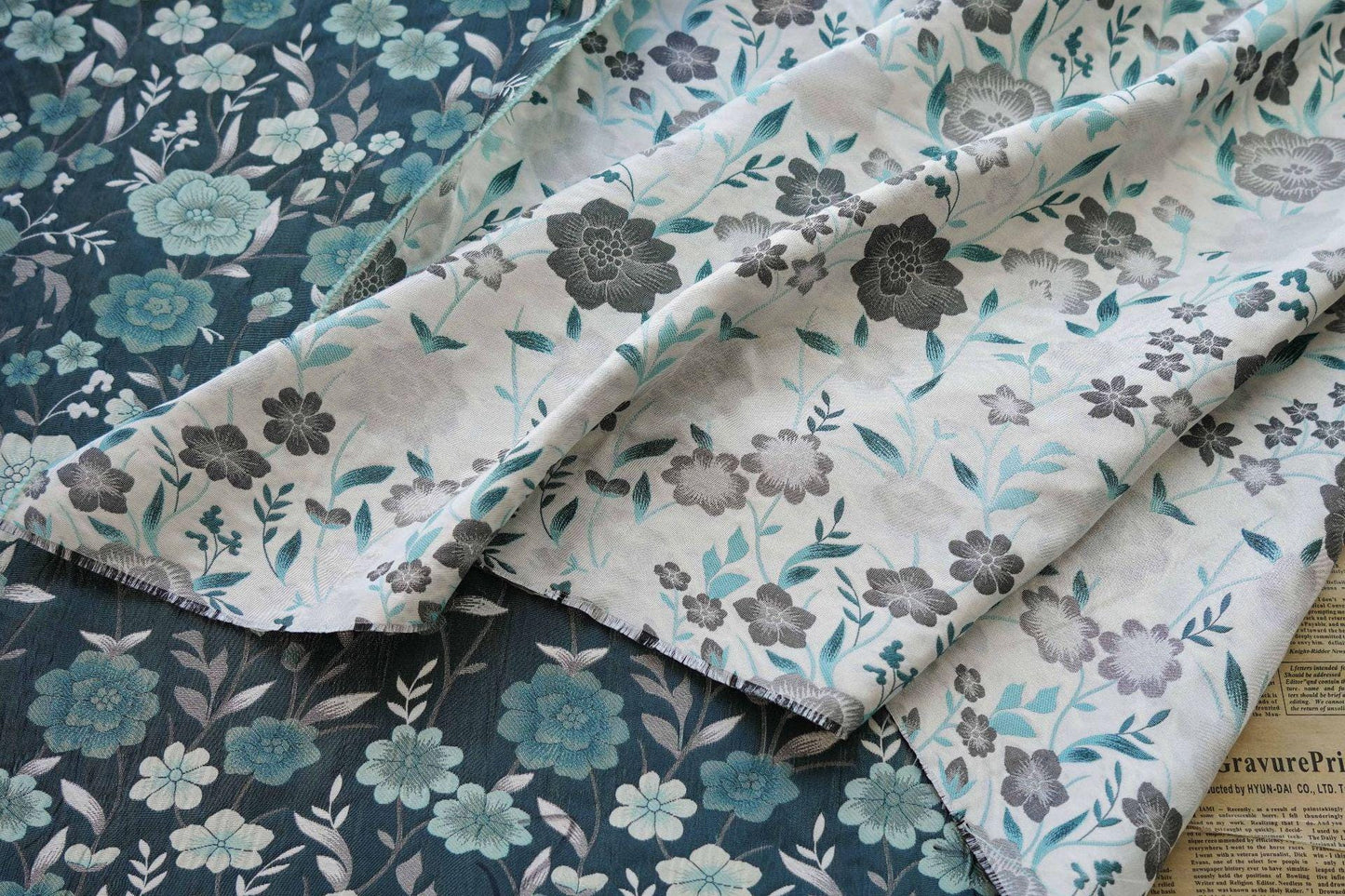 Japanese Floral Rayon Cotton Fabric: Blue Kimono Upholstery, 64"W