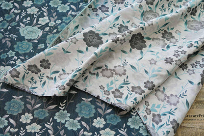 Japanese Floral Rayon Cotton Fabric: Blue Kimono Upholstery, 64"W