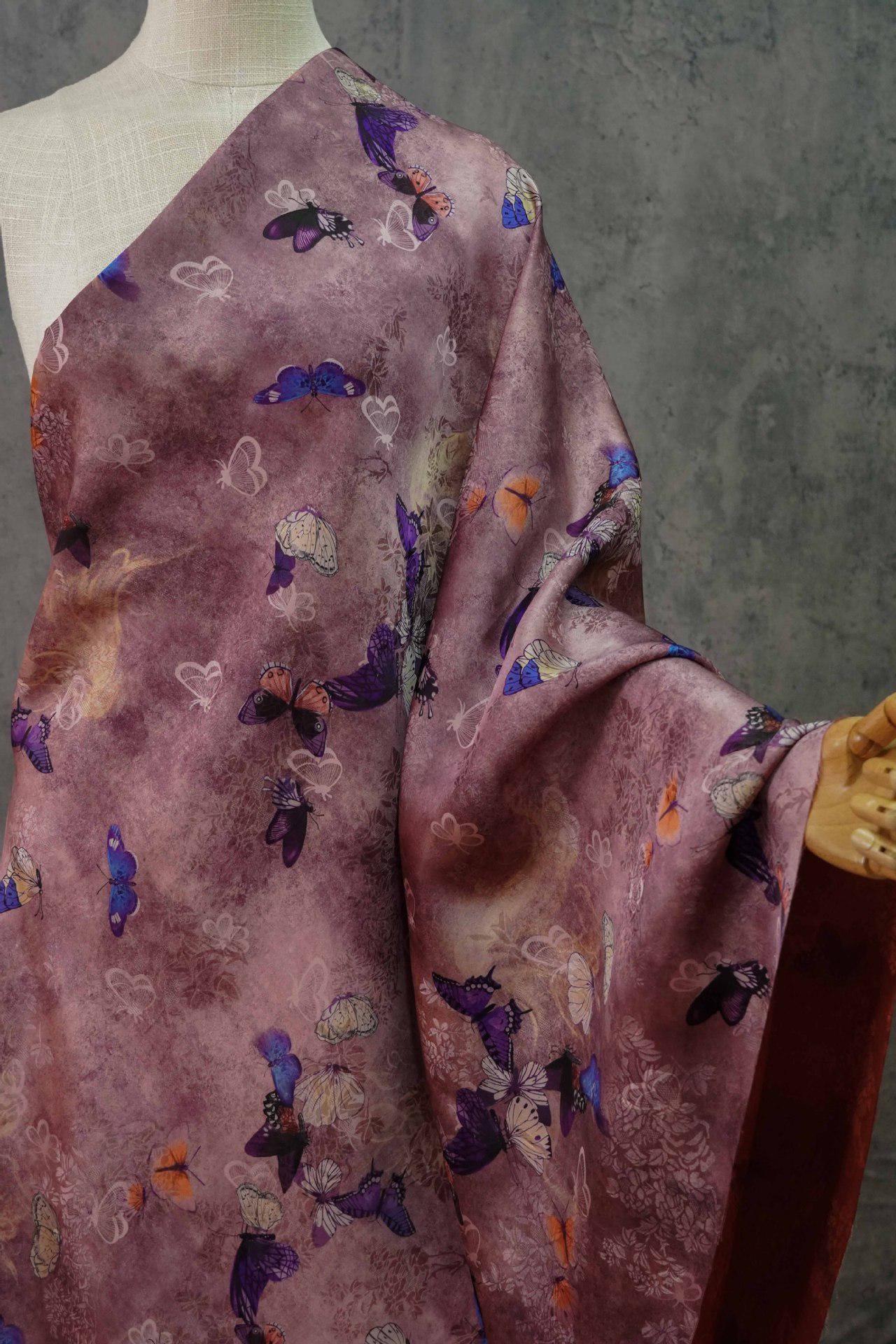 Butterfly Flower Tea Silk Satin Fabric: Digital Print, 55" Wide