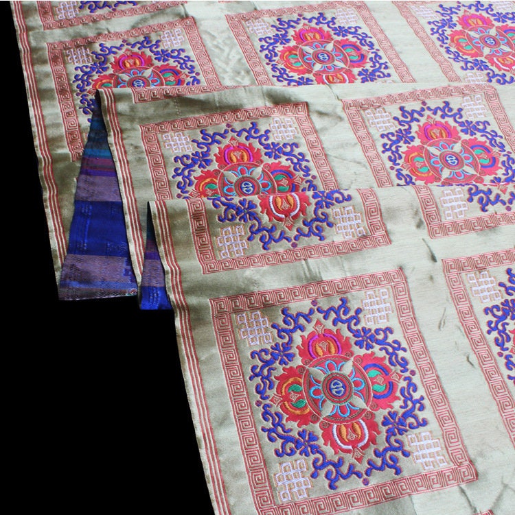 29"W Vintage Tibetan Brocade Fabric: Silk Satin Upholstery Textile