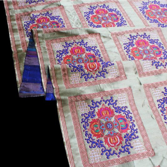 29"W Vintage Tibetan Brocade Fabric: Silk Satin Upholstery Textile