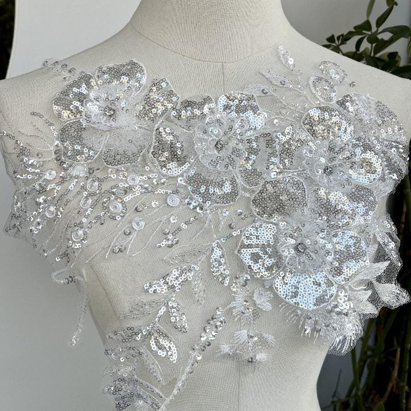 Embroidered Lace Trim: Sequined Floral Applique, Bridal Wedding Dress Fabric - By The Yard