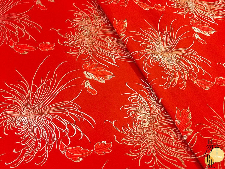 Tissu brocart chrysanthème : jacquard satin de soie rayonne de 75 cm de large