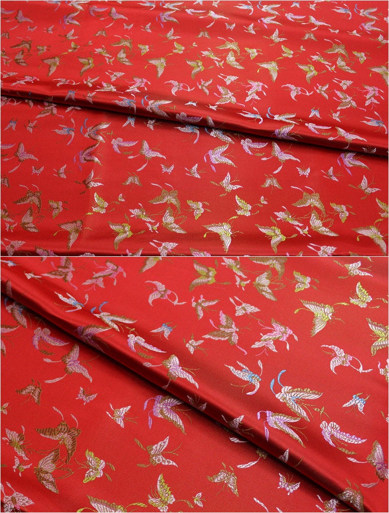 Red Silk Brocade Fabric: Butterfly Floral Jacquard (59"W)