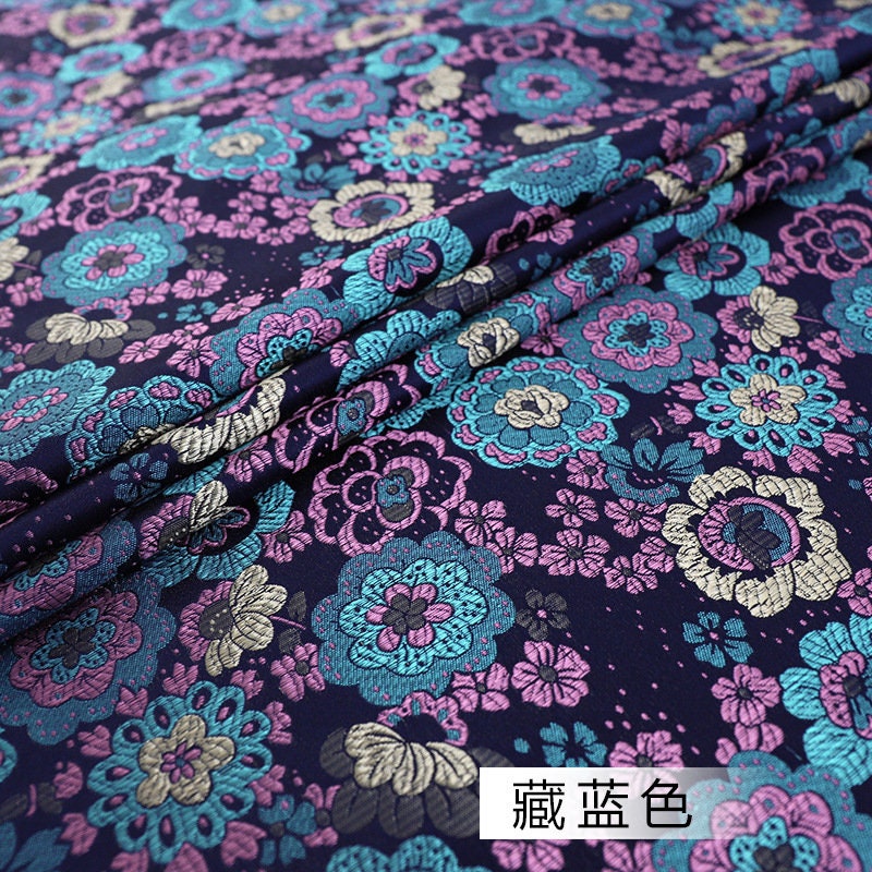 Floral Japanese Kinran Brocade Fabric: Red & Blue Rayon, 59" Wide
