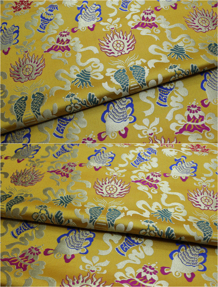 Tissu brocart de soie à double motif Poissons : Tissu de couture pour cheongsam bleu (29,5" de large)