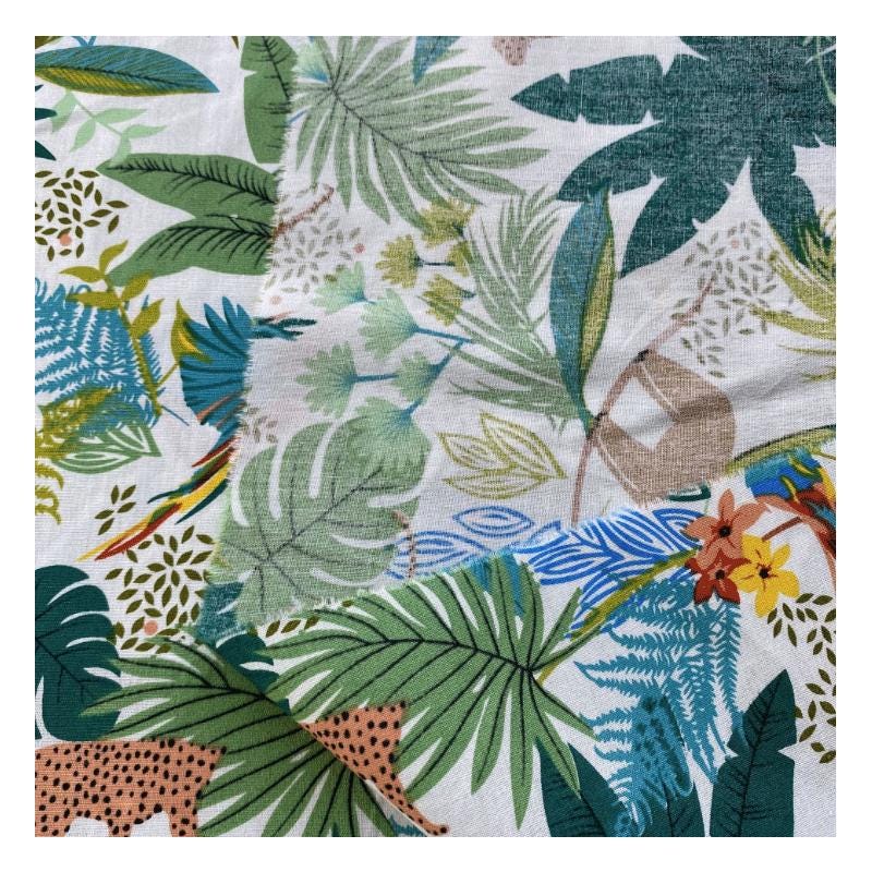 Tissu en coton tropical : imprimé paresseux, léopard, perroquet (58" de large)