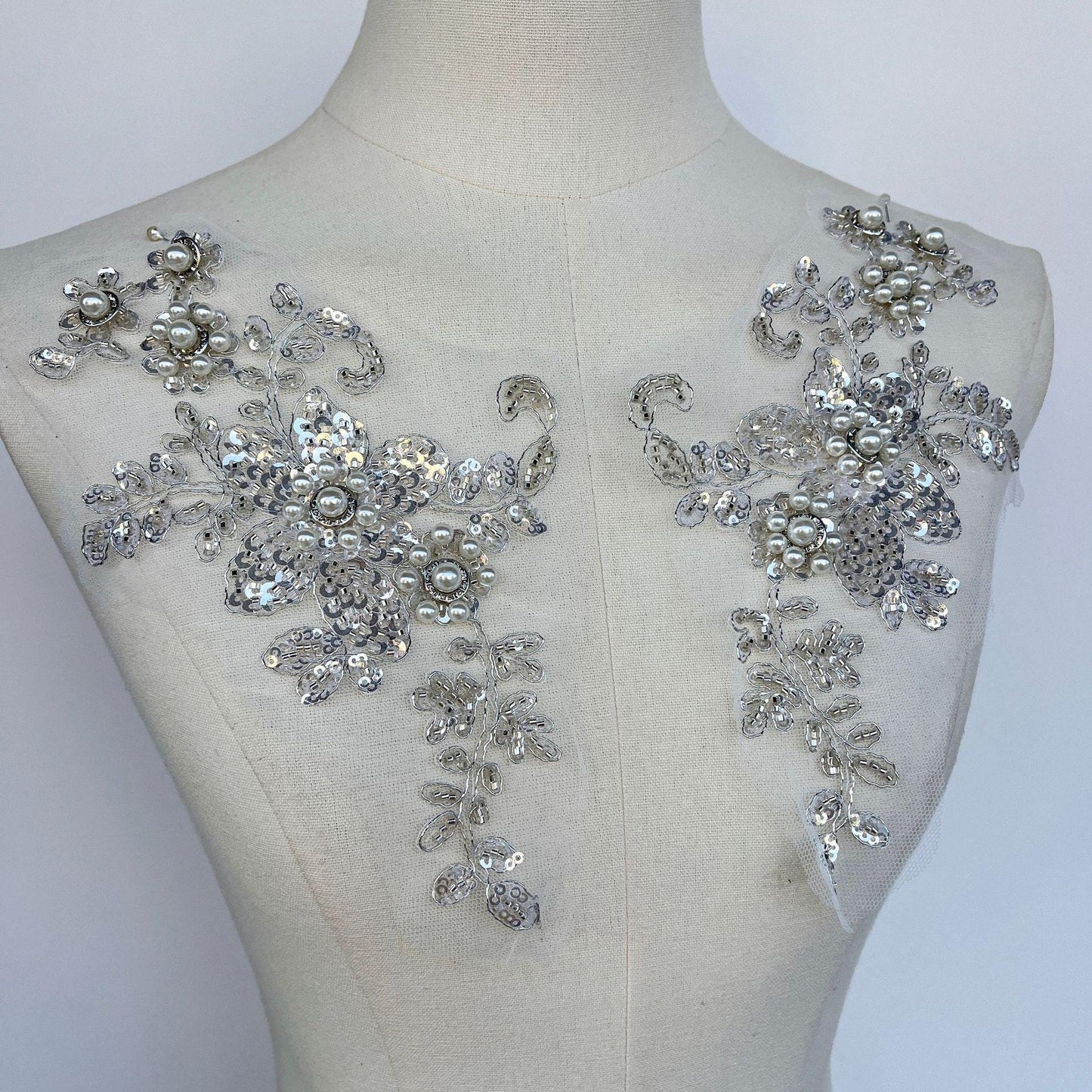 Embroidered Sequin Lace Trim: Light Ivory Bridal Applique - 11" By The Yard