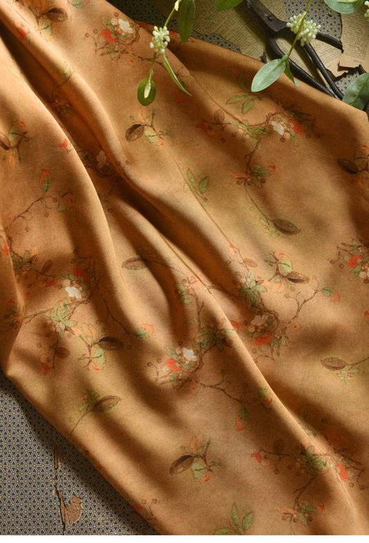 Tissu en coton à motif floral : style peinture à l’encre de Chine, 140 cm de large