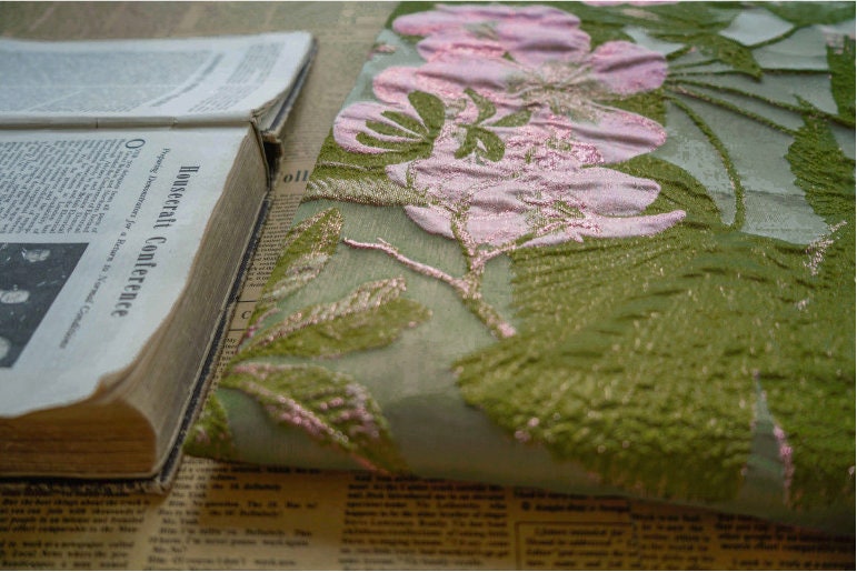 Gold Thread Floral Jacquard Fabric: Pea Green 3D Designer Fabric, 57" Wide