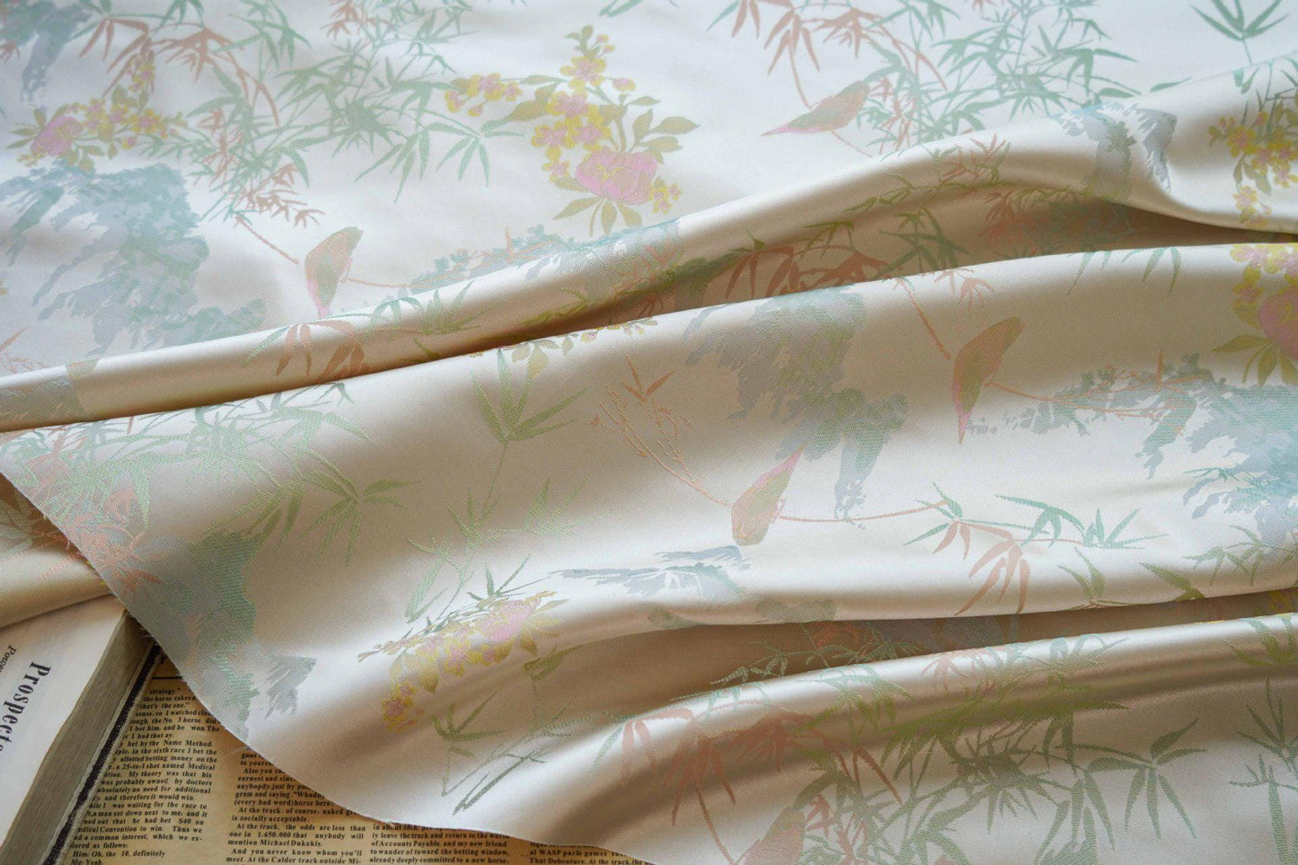 Bamboo Leaf Brocade Fabric: Japanese Bird & Butterfly Silk, 59"W