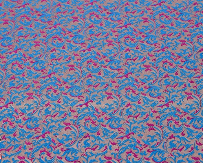 Fuchsia & Blue Brocade Fabric: Reversible Woven Damask, Wheat Pattern