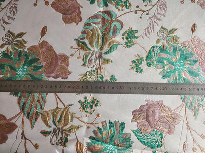 Gold Embossed Floral Jacquard Fabric: Pink Peach Dressmaking Material, 57" Wide