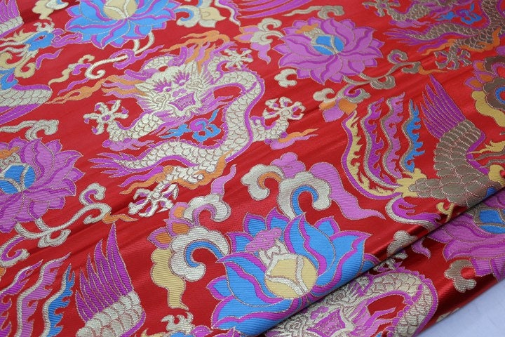 Red Dragon Brocade Fabric: Chinese Mongolian Style Silk Rayon Jacquard