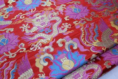 Red Dragon Brocade Fabric: Chinese Mongolian Style Silk Rayon Jacquard