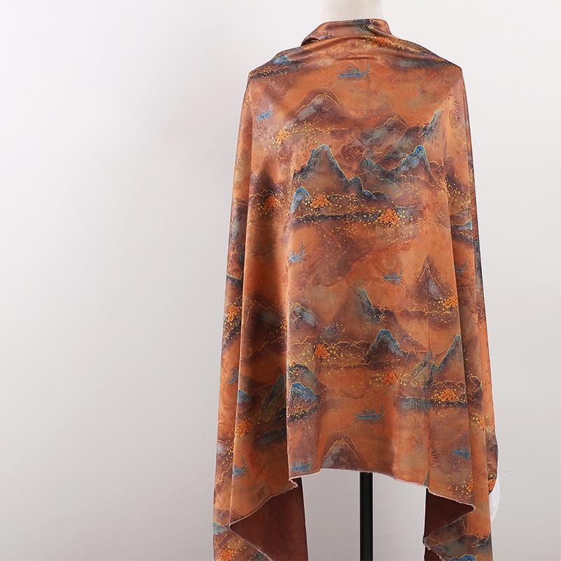 Ancient Painting Tea Silk Satin Fabric: 59"W Digital Print Drapery