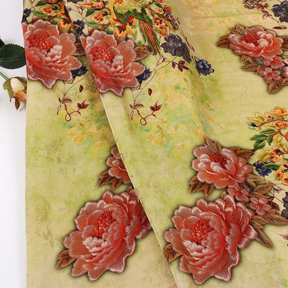 Peony Floral Rayon Silk Fabric: Chinese Print Dressmaking Material, 59" Wide