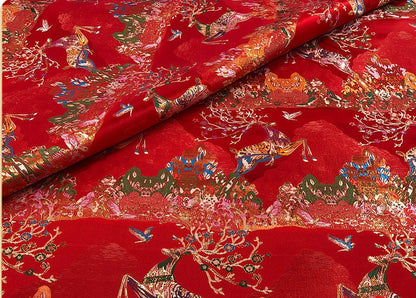 Christmas Reindeer Jacquard Brocade Fabric: Red Damask Sewing Material