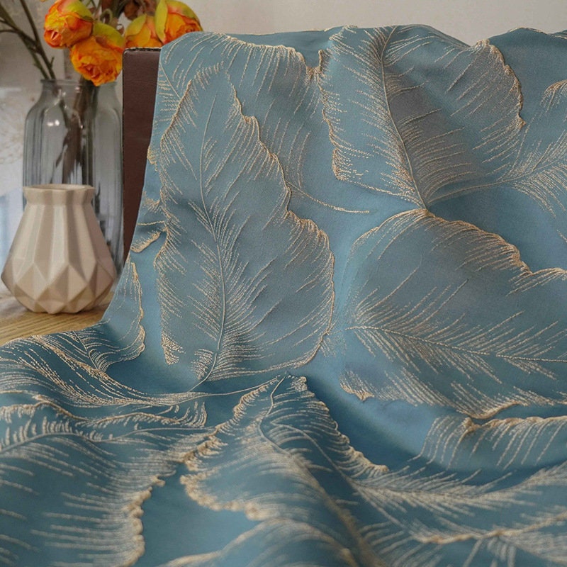 Gold Thread Leaf Jacquard Fabric: 3D Texture Upholstery, 57" Wide