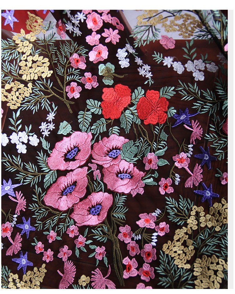 Floral Embroidered Lace Fabric: Pink, Red, Gold Flowers on Black Net (43"W)