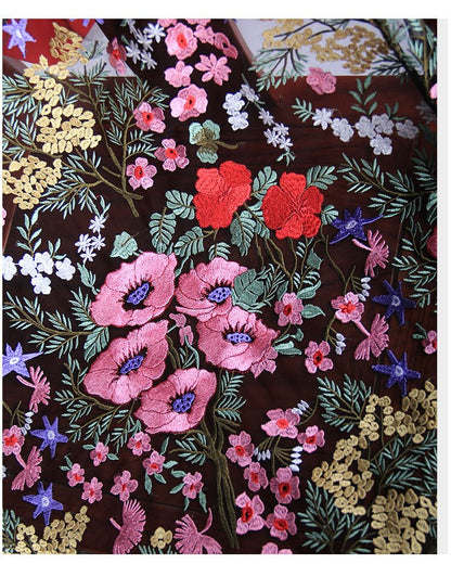 Floral Embroidered Lace Fabric: Pink, Red, Gold Flowers on Black Net (43"W)