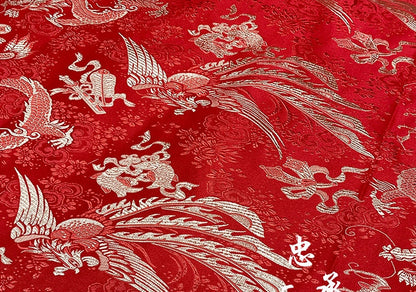 Tissu brocart de soie rouge et or : motif dragon et phénix chinois pour ameublement et costumes - 75 cm de large