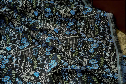 Blue Flower Jacquard Fabric: 3D Relief Polyester, 57" Wide