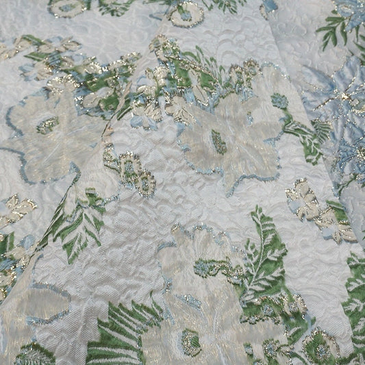 Tissu jacquard à motifs floraux : fil bleu, vert et or, largeur 142 cm, décoration de costumes