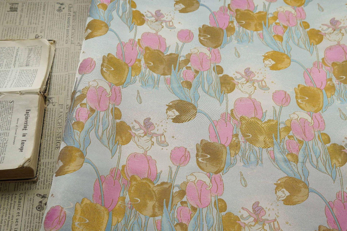 Gold Tulip Jacquard Fabric: 59"W Upholstery & Drapery